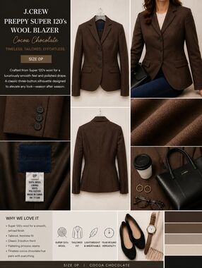 Sz 0P J.Crew Preppy Super 120's Wool Blazer Cocoa Chocolate